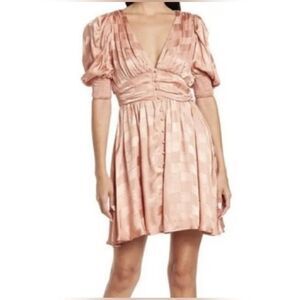 MAISIE Size Large Pink Blush Satin Jacquard V-neck Puff Sleeve Mini Dress NEW
